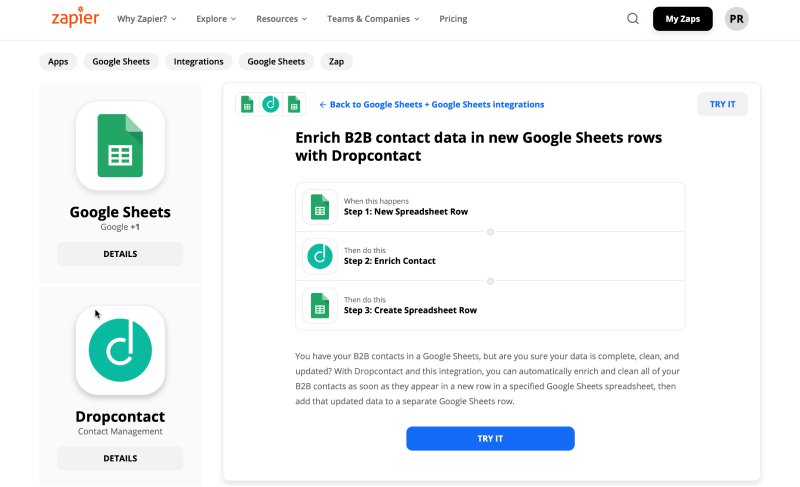 Zapier workflow: Enrich your B2B contacts (including emails) directly in Google Sheet