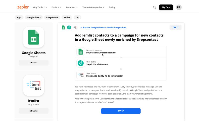 Workflow Zapier: Automatically enrich your B2B data in a Google sheet and send a personalized Cold Email campaign via lemlist