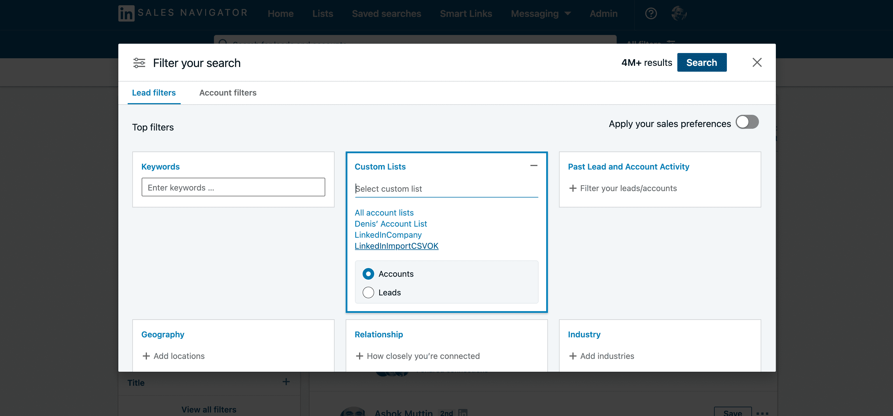 Filtre de recherche Sales Navigator : custom lists