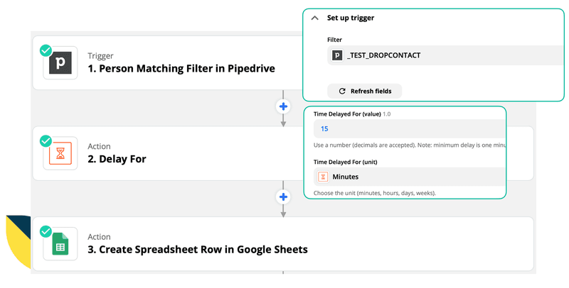 Create a zap from Pipedrive to Google Sheets by adding a delay