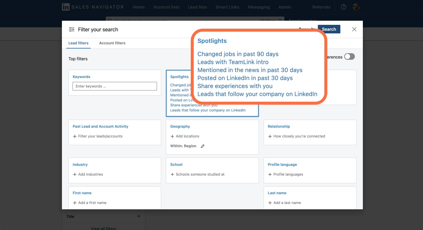 Recherche Spotlight dans LinkedIn Sales Navigator