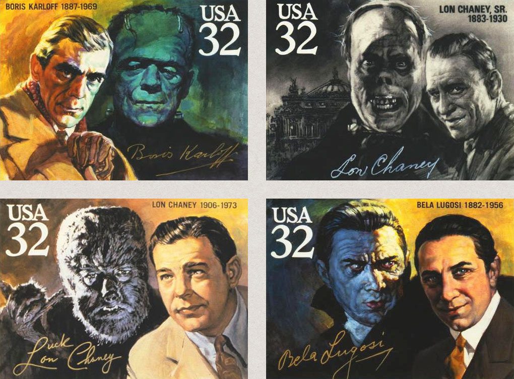 Stamp designs featuring Boris Karloff as Frankenstein, Lon Chaney Sr. as the Phantom of the Opera, Lon Chaney Jr. as the Wolfman, & Bela Lugosi as Dracula by Basil Gogos