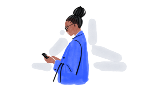 Illustration Frau mit Smartphone und blauer Jacke