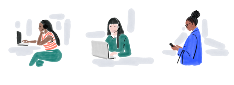 Illustrationen 3 Frauen vor Laptop und am Smartphone beim arbeiten