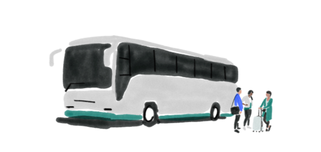 Illustration von drei Geschäftsreisenden mit Bus