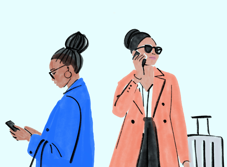 Illustration zwei Frauen am Handy mit Koffer