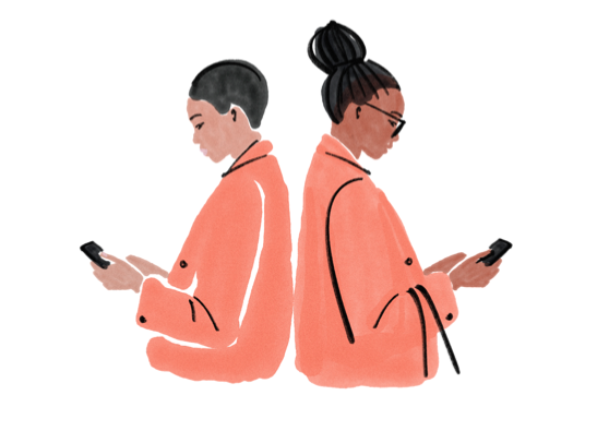 Illustration von zwei Frauen auf Geschäftsreise mit Blick auf ihre Mobiltelefone