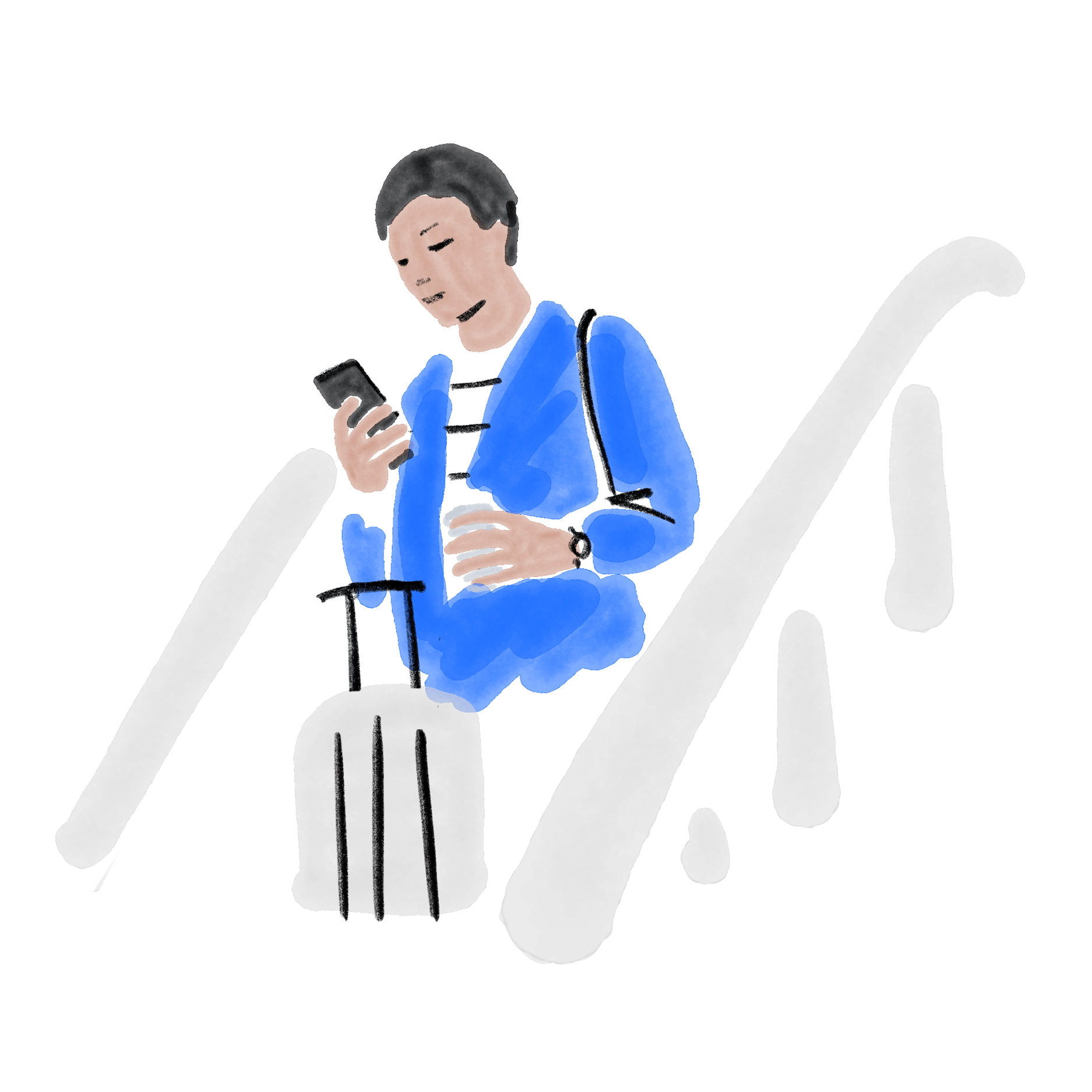 Illustration of a man holding a travel suitcase coming down the stairs