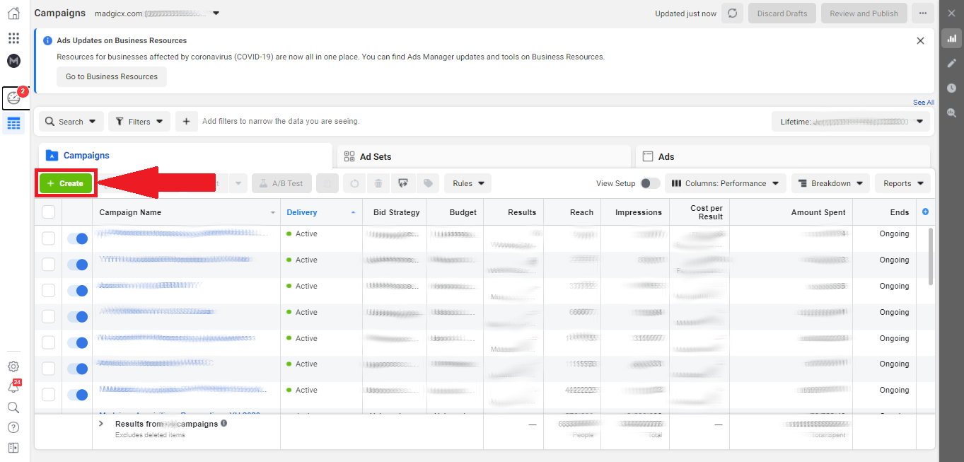 Create a Facebook ad - click create in ads manager