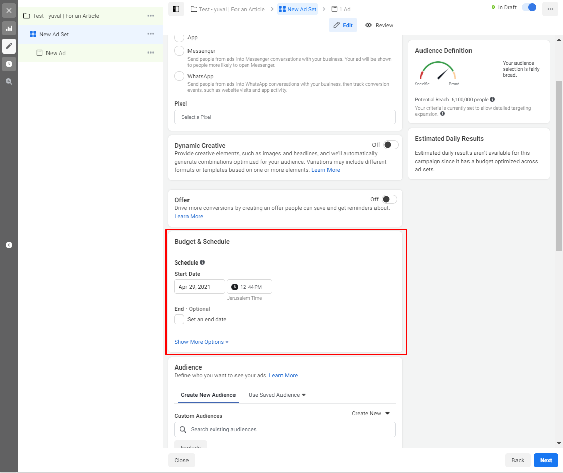 Schedule Facebook ads start date