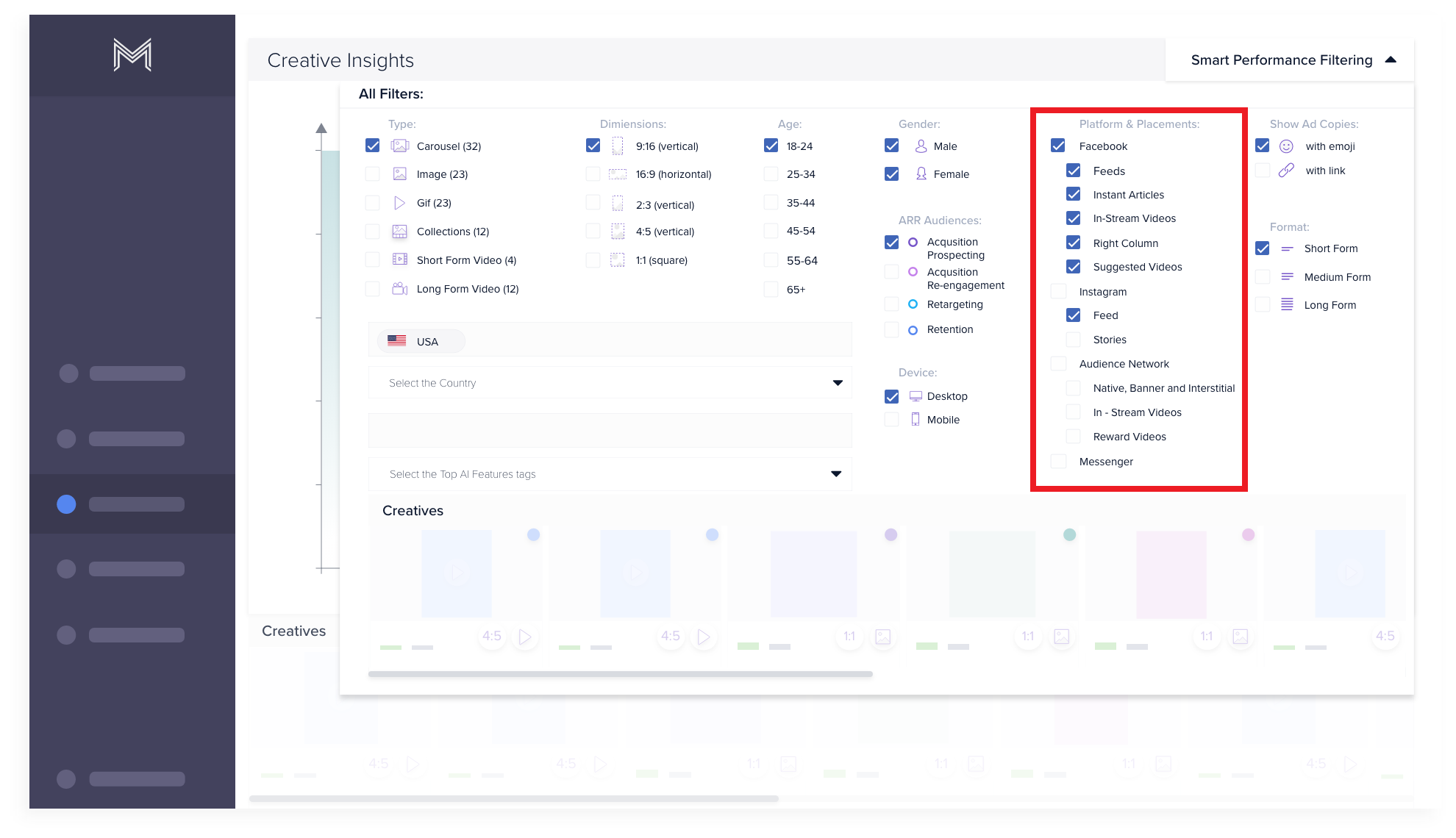 Filter performance by platform and placement