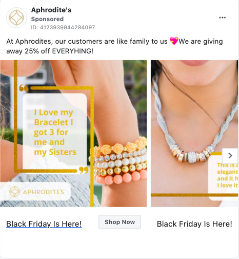 Aphrodites Facebook ad social proof