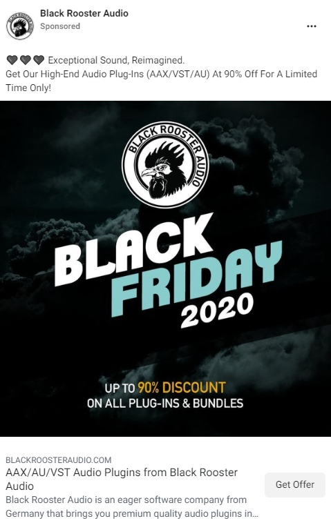 Black Friday Facebook ad example Black Rooster Audio