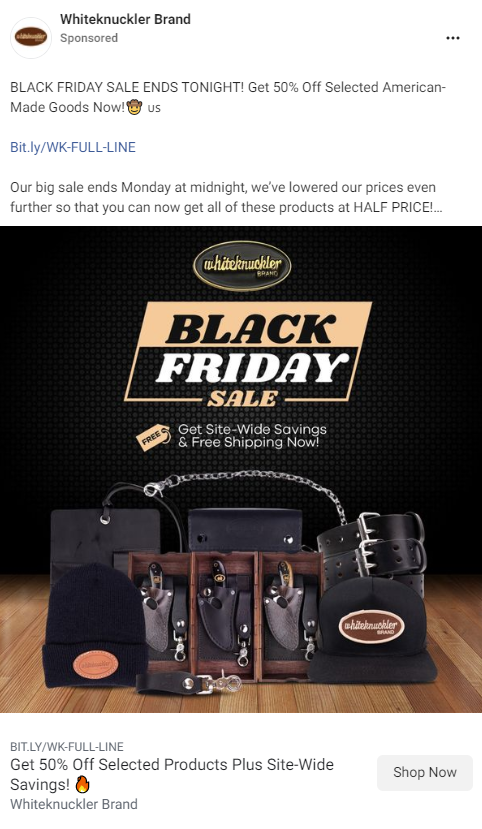 Whiteknuckler Brand Black Friday ad example