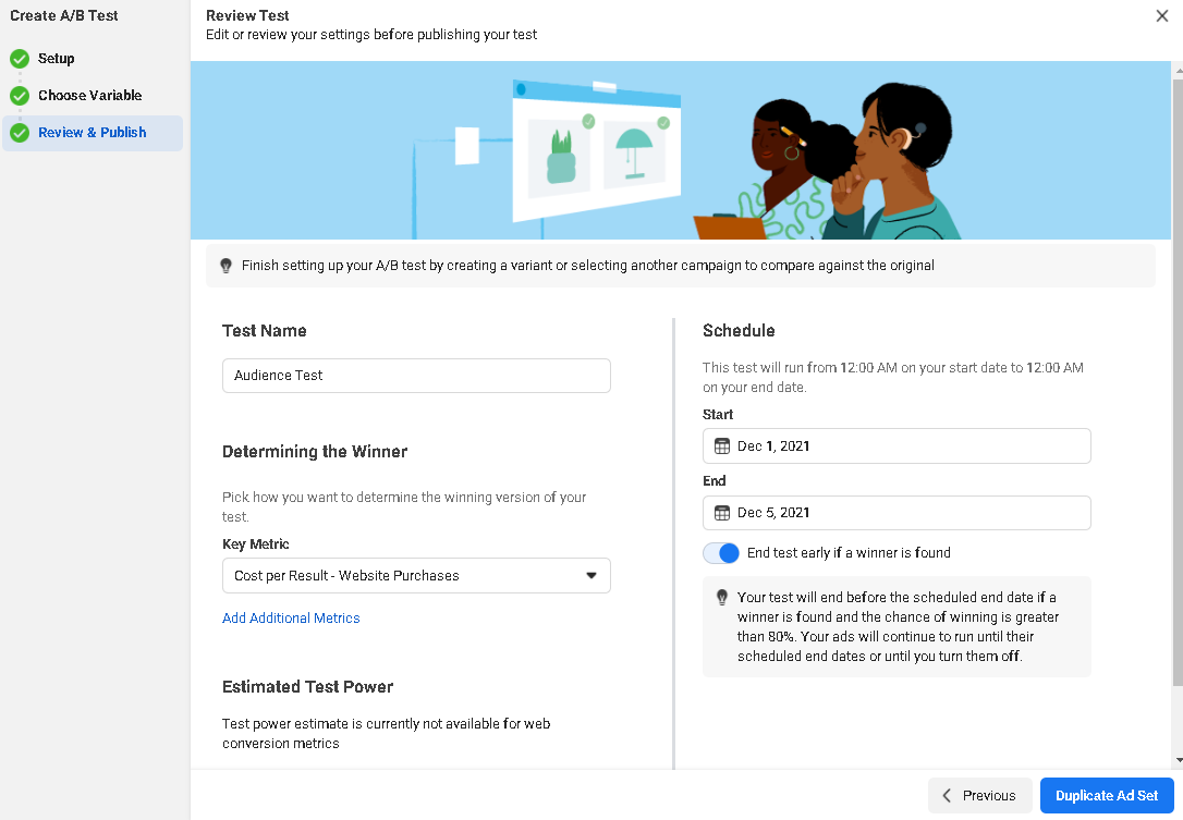 A/B testing Facebook ads - Review & Publish