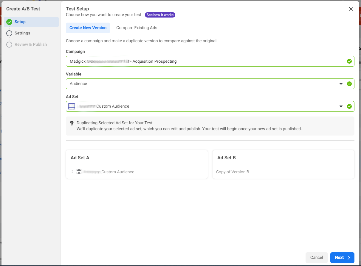 A B Test Setup - Facebook Ads Manager
