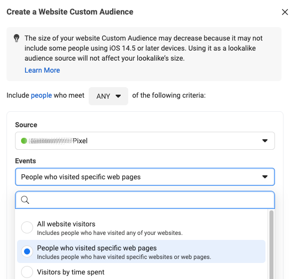 creating a Facebook website custom audience; choose people who visited specific web pages from dropdown