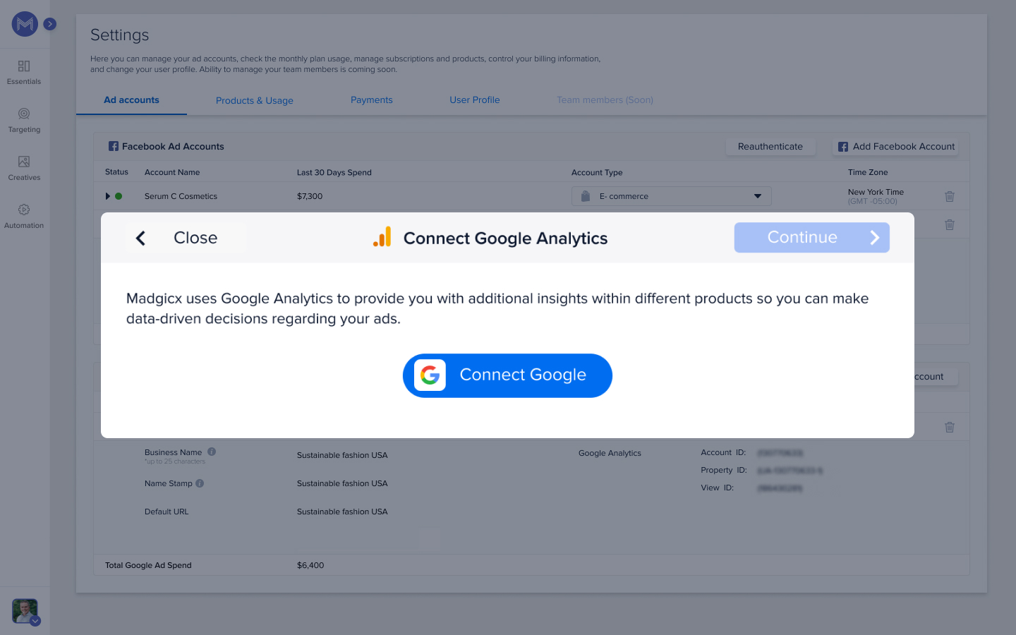 connecting Google Analytics to Madgicx Metrics