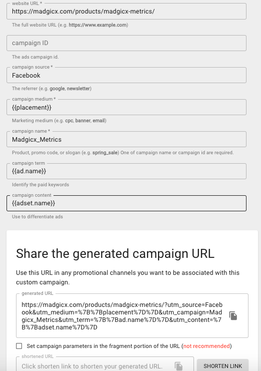 screenshot of Google’s Campaign URL Builder; crucial UTM parameters are filled for Facebook ad attribution tracking