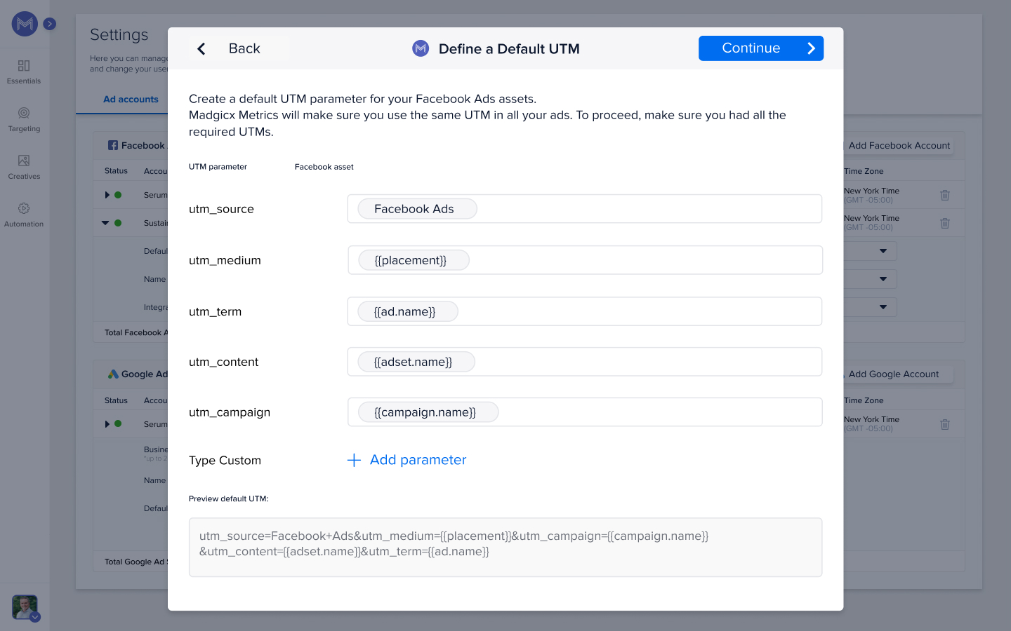 Facebook tracking url parameters created with Madgicx Metrics