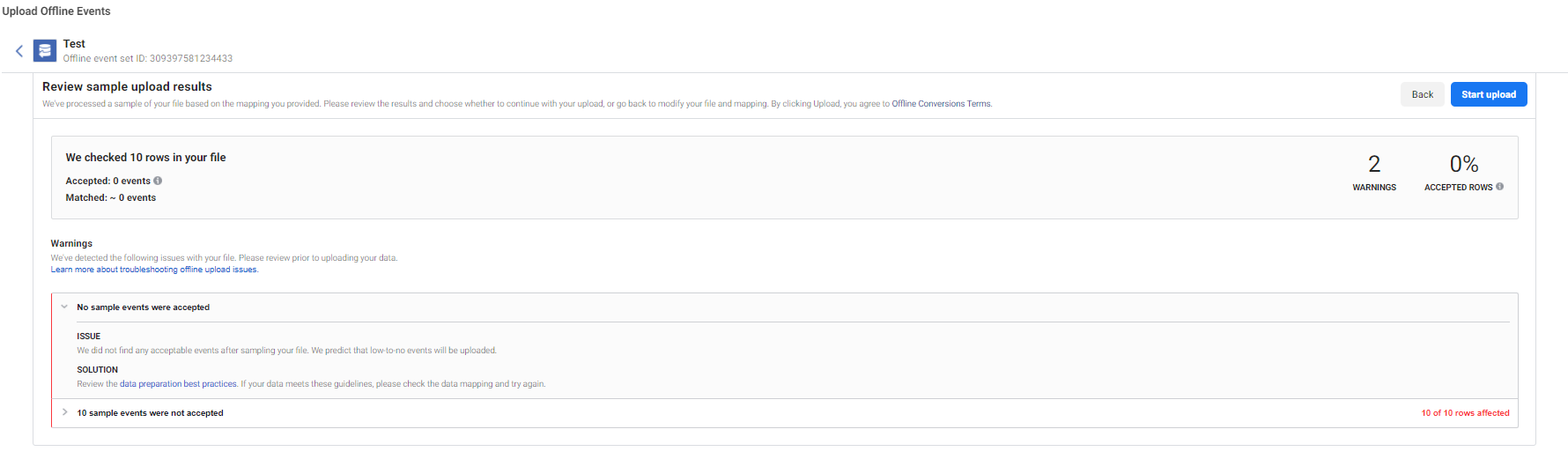 offline event data; accepted and matched events displayed