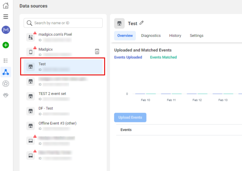 screenshot of Events Manager; offline event set selected under Data Sources