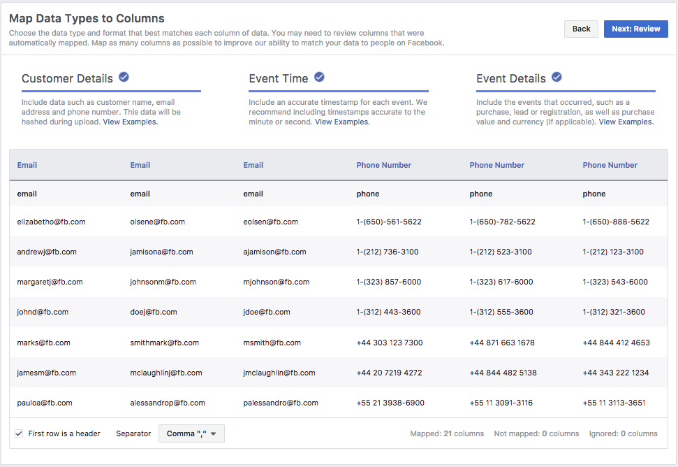 data from CSV data file mapped and displayed by column