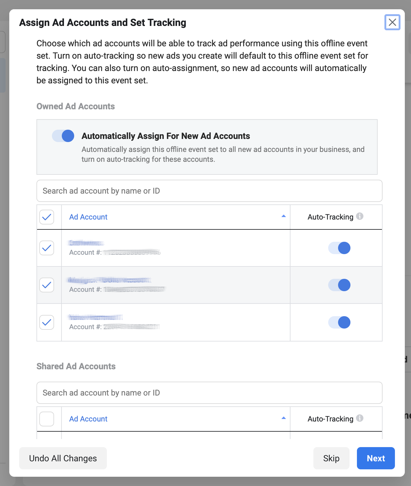 Offline events - assign ad accounts and set tracking