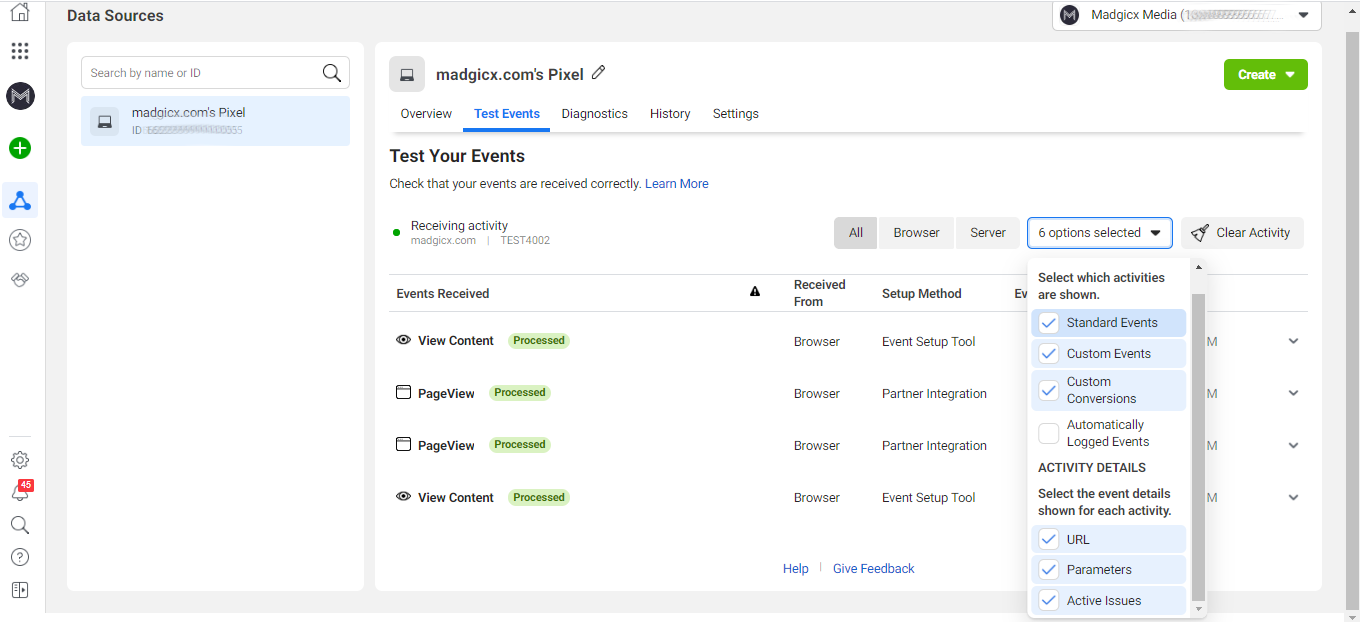 test events tool - filter events
