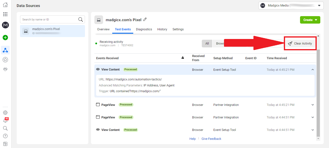 test events tool - clear activity