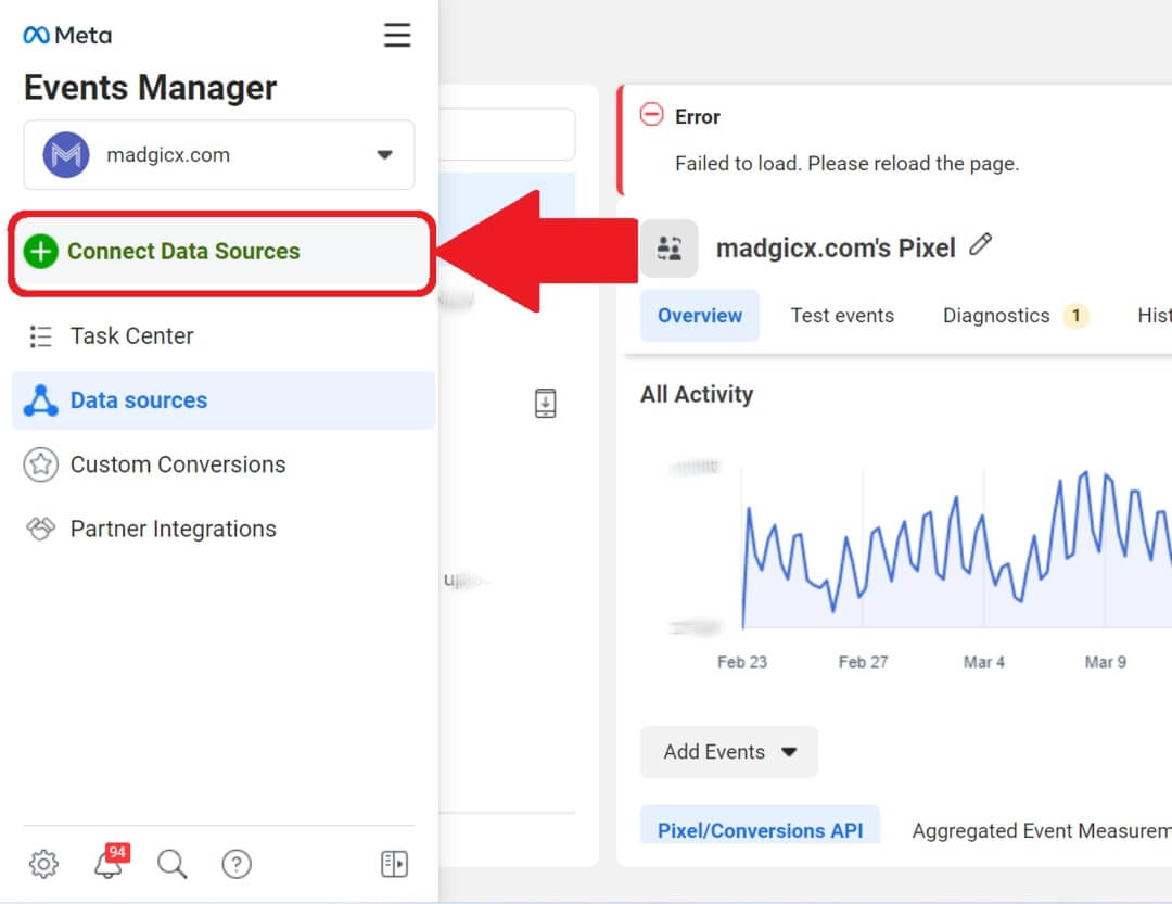 Facebook pixel creation connect data sources