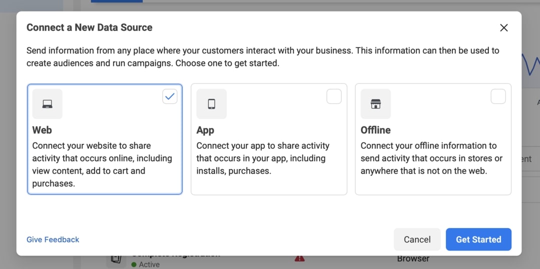 Facebook Pixel creation process - connect a web data source