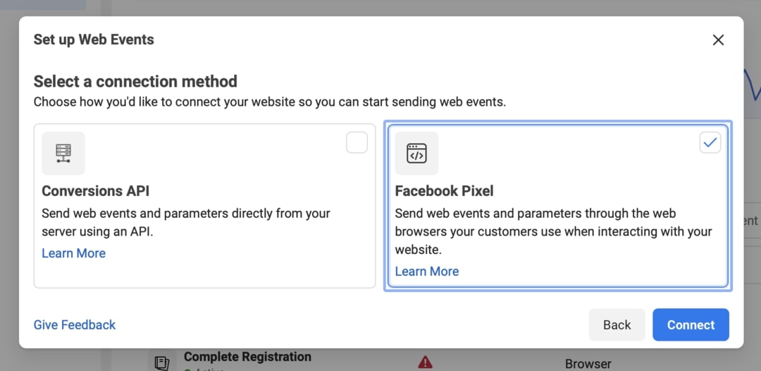 Facebook Pixel creation - select pixel as connection method