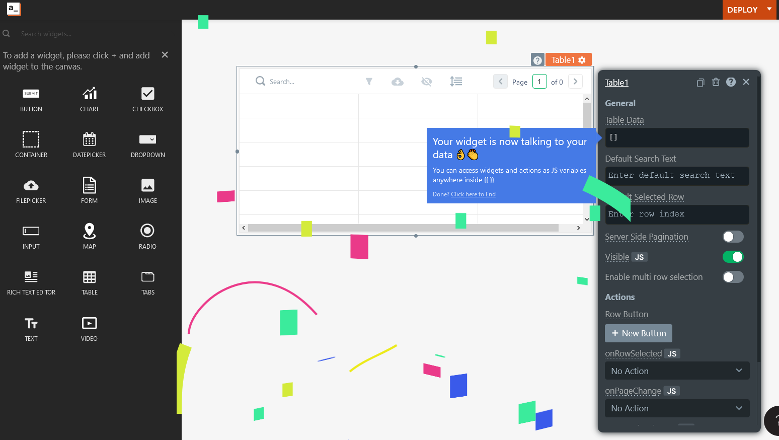 Appsmith screenshot showing visual controls and colourful animated shapes