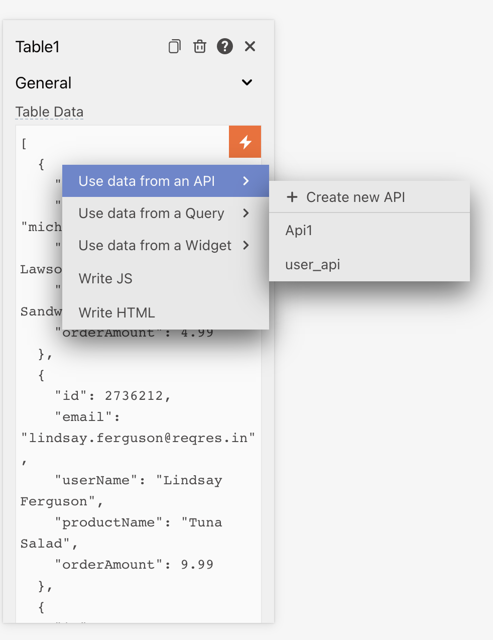 Appsmith table property pane with data options displayed