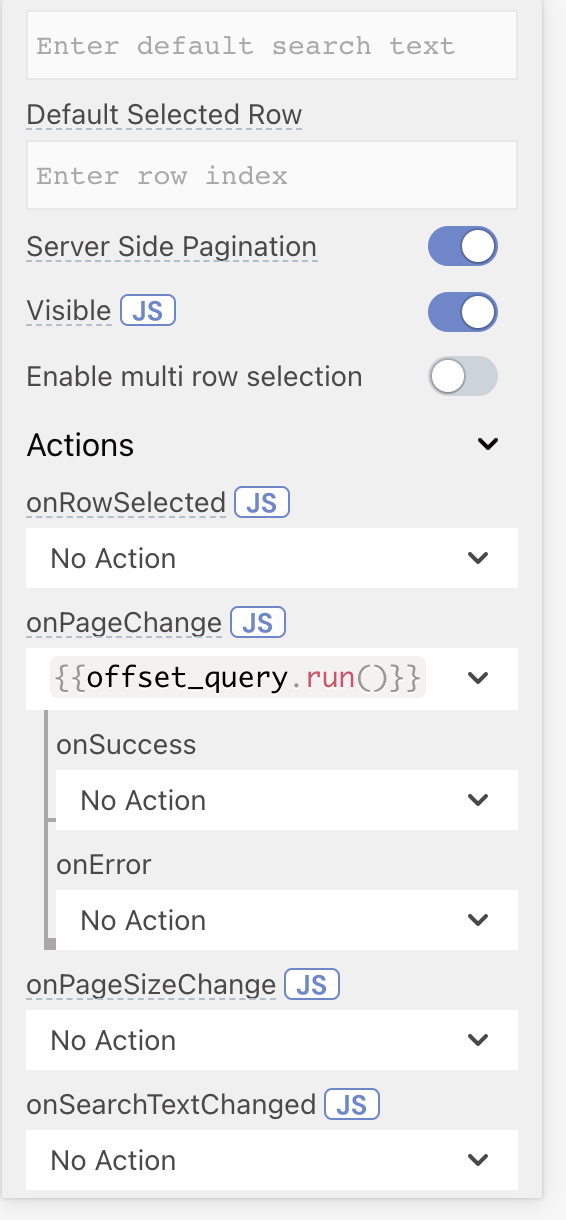 Appsmith table property pane with the query being run onPageChange
