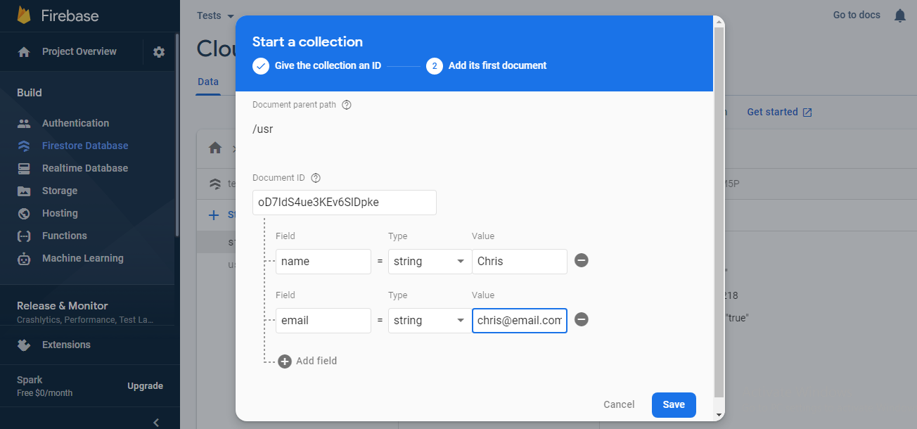 Adding collections and values to your Firestore