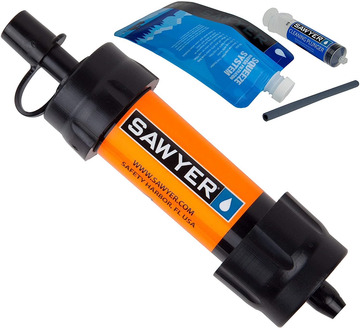 Orange Small Sawyer Mini Water Filter with a Sawyer Pouch, Straw, and Syringe