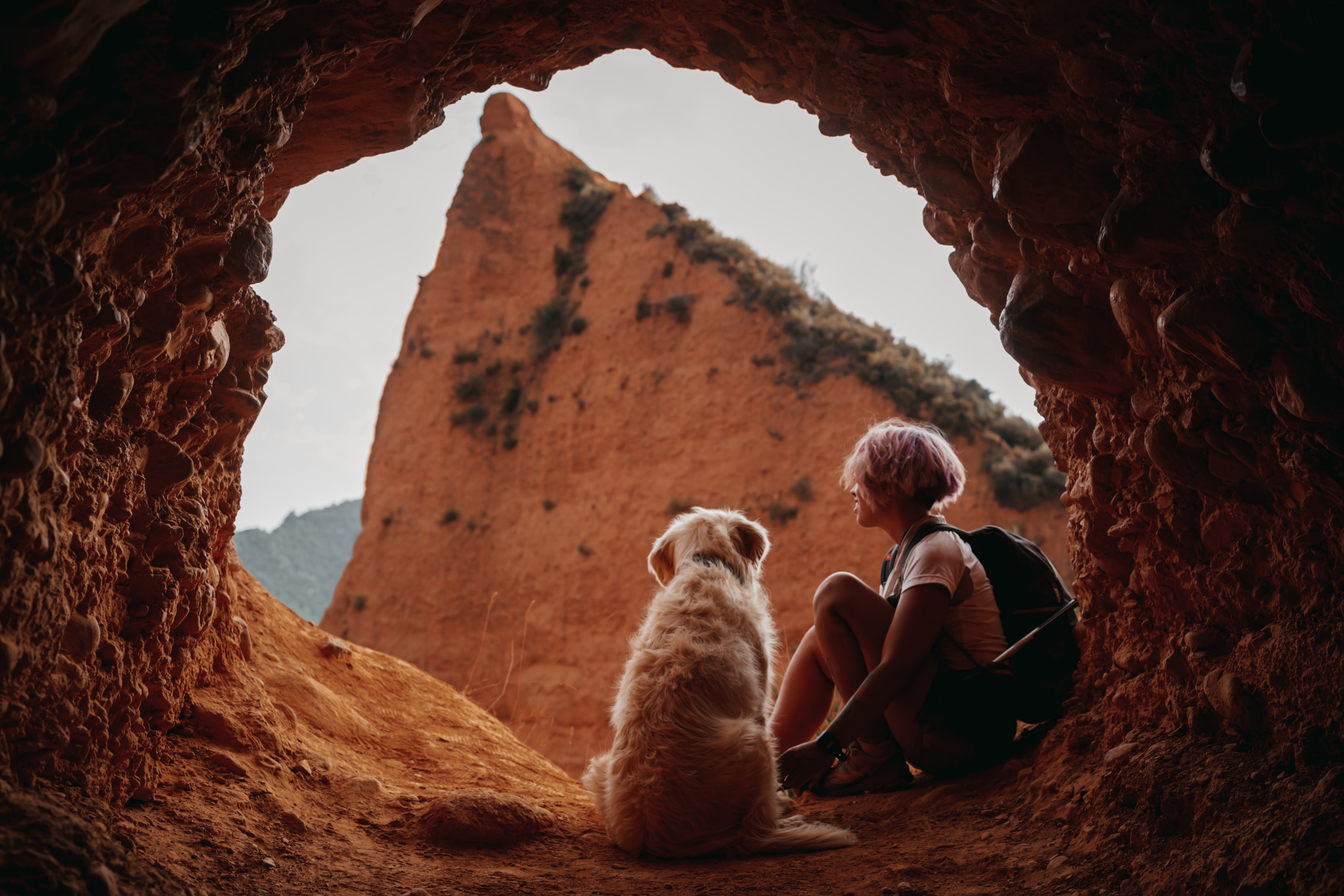 Dog and Person sitting in a cut out rock fromation looking out at the open.