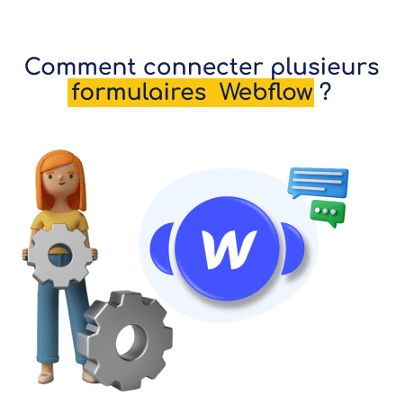 Module webflow sur Integromat avec une femme qui tient une roue outil