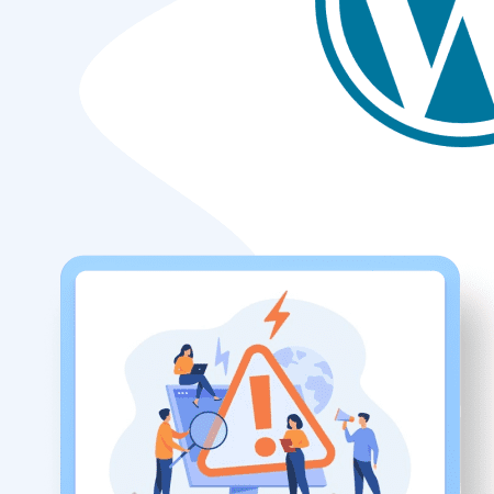 Logo wordpress avec des personnes examinant un ecran d'erreur