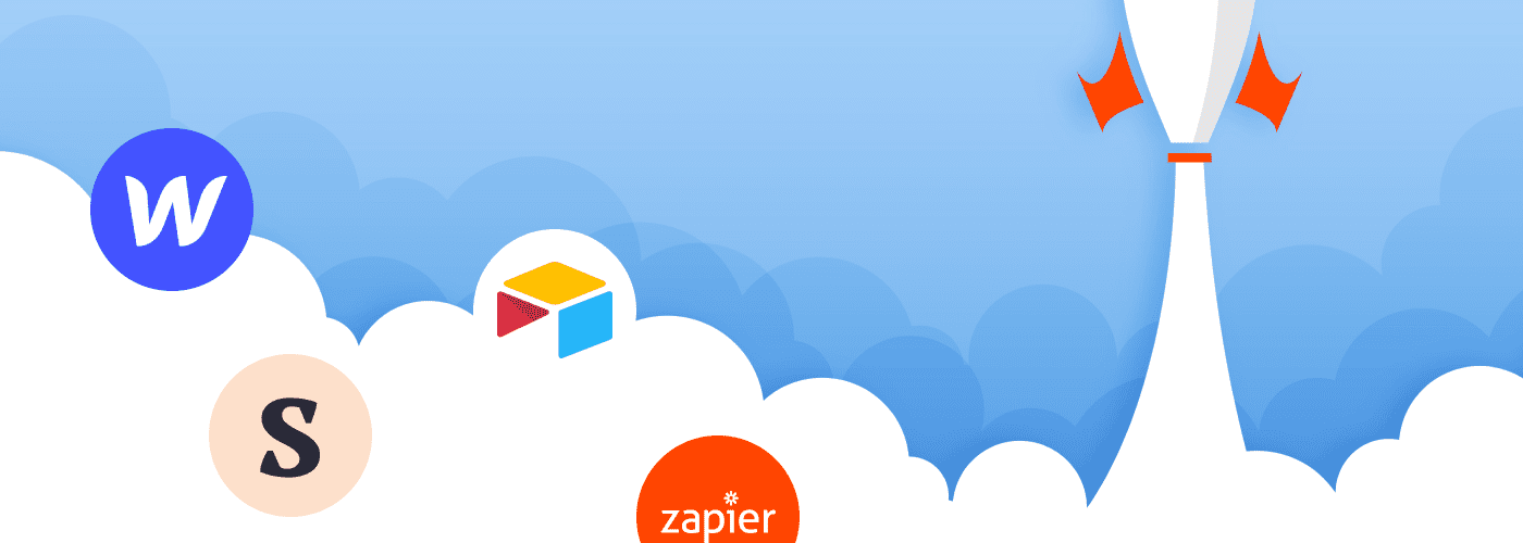 Fusée avec logo d'outil nocode : Webflow, airtable, secret et zapier