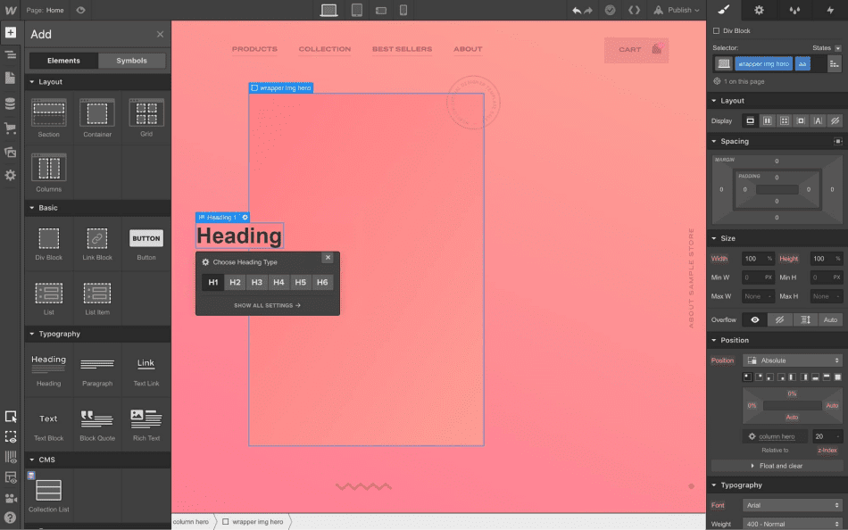 Capture d'écran de l'interface de Webflow