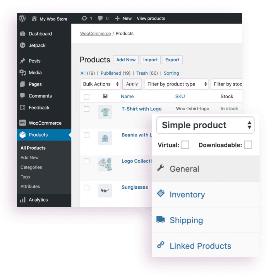 Capture d'écran de l'interface de Woocommerce