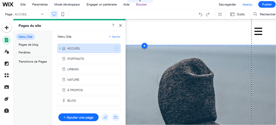 Capture d'écran de l'interface de Wix