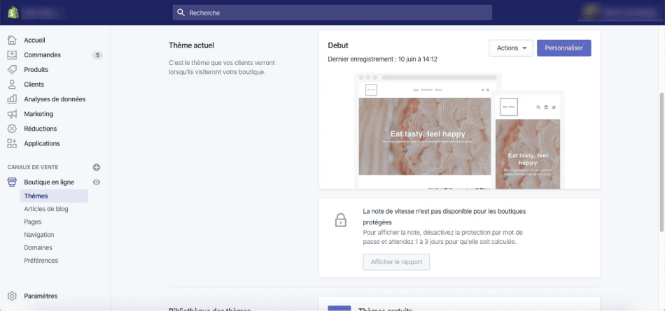 Capture d'écran de l'interface de Shopify