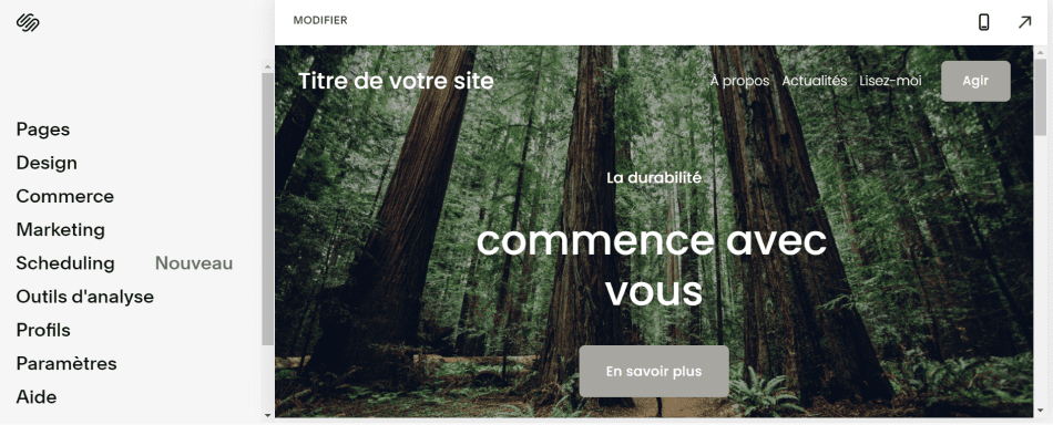 Capture d'écran de l'interface de Squarespace
