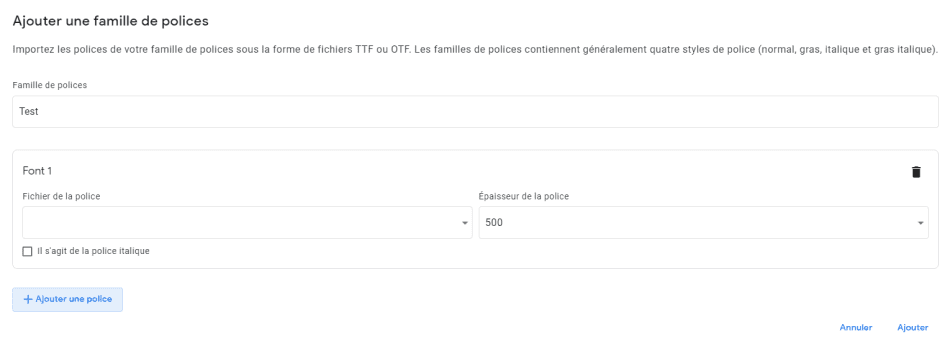 Capture d'écran ajouter une police dans Publisher Center pour Google Actualités