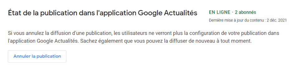 Capture d'écran état publication dans Publisher Center pour Google Actualités