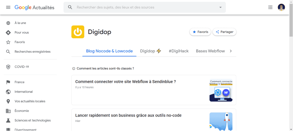 Capture d'écran de la page Google Actualité de Digidop